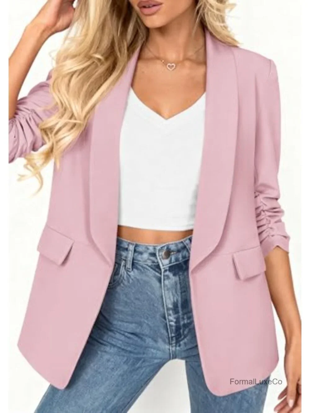 Open Front Ruched 3/4 Sleeve Blazer Business Casual Lightweight Work Suit Jacket